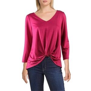 NWT Status By Chenault Twist Knot Textured Top Fuschia Blouse 3/4 Sleeve Size XL